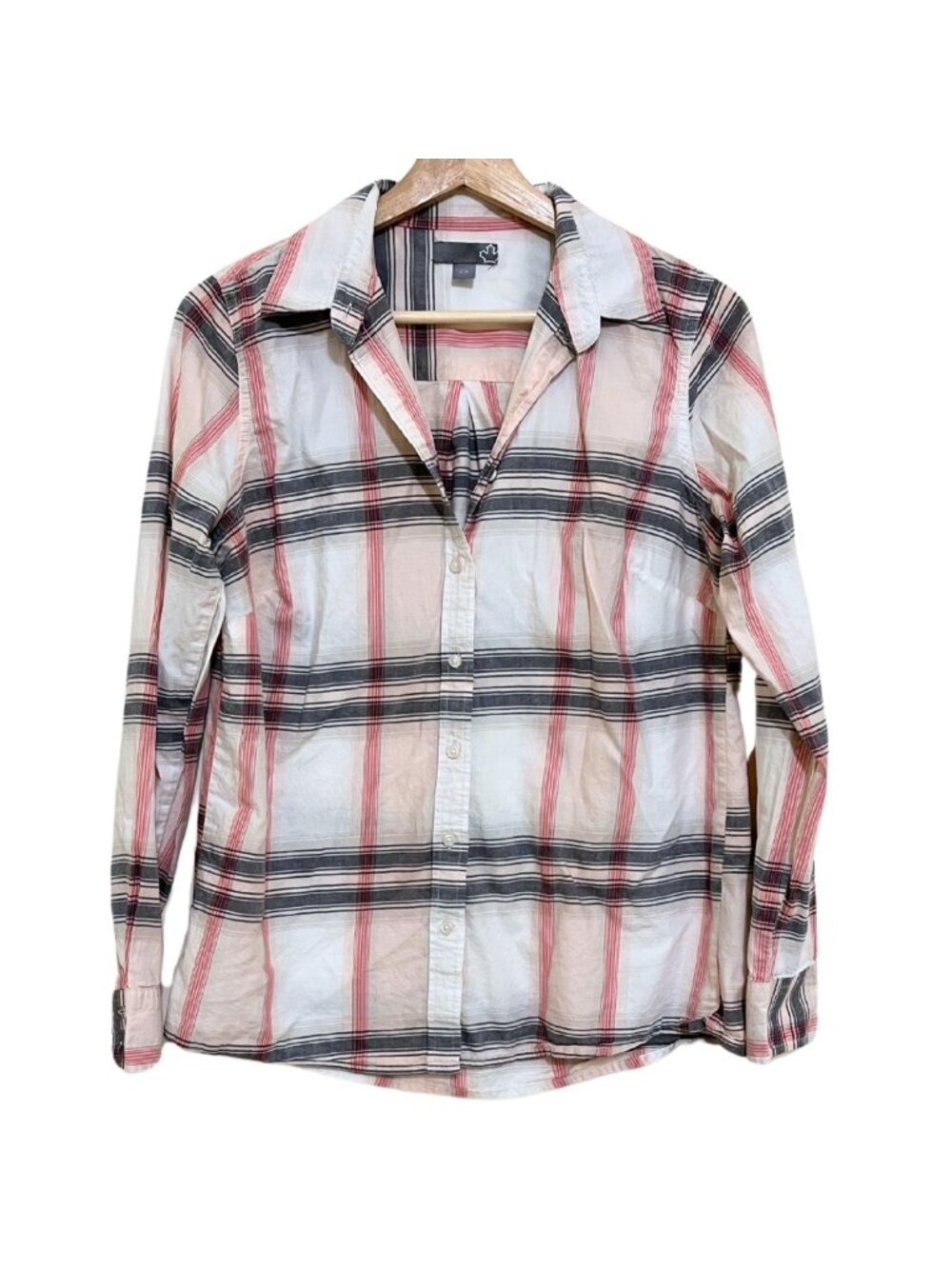 Plaid Pastel Pink White Grey Cottagecore Long Sleeve Button Down Shirt –Sears, M
